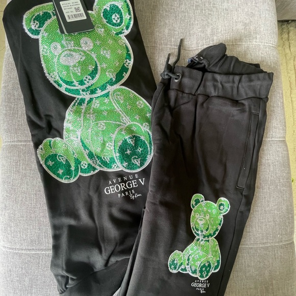 Avenue George V Paris Black jogging suit Tracksuit crystal Teddy Bear Hoodie S M - Picture 5 of 6